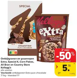 Carrefour Ontbijtgranen en graanrepen Extra, Special K, Corn Flakes, All Bran en Country Store Kellogg’s aanbieding