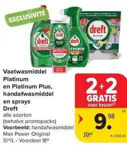Carrefour Vaatwasmiddel Platinum en Platinum Plus, handafwasmiddel en sprays Dreft aanbieding