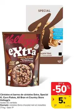 Carrefour Market Kellogg's céréales et barres de céréales extra, special k, corn flakes, all bran et country store aanbieding