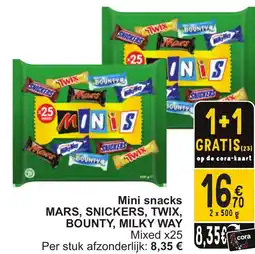 Cora Mini snacks mars, snickers, twix, bounty, milky way aanbieding