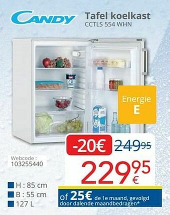 Candy tafel koelkast cctls 554 whn