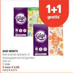Spar GIGI MINI’S kiwi-ananas-spinazie of sinaasappel-wortel-gember aanbieding