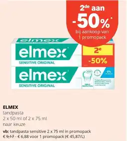 Spar ELMEX tandpasta sensitive 2 x 75 ml in promopack aanbieding