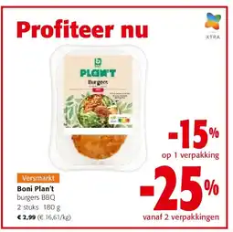 Colruyt Boni Plan’t burgers BBQ 2 stuks 180 g aanbieding