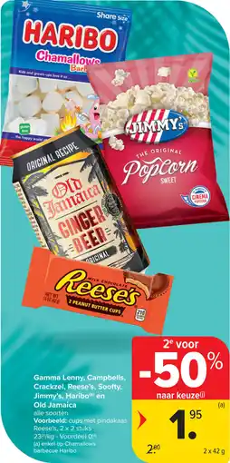 Carrefour Gamma Lenny, Campbells, Crackzel, Reese's, Soofty, Jimmy's, Haribo en Old Jamaica aanbieding