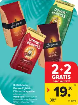 Carrefour Koffiebonen Douwe Egberts, L'Or en Jacqmotte aanbieding