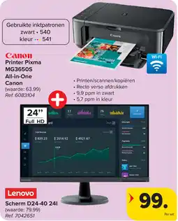 Carrefour Canon Printer Pixma MG3650S All in One + Lenovo Scherm D24-40 241 aanbieding
