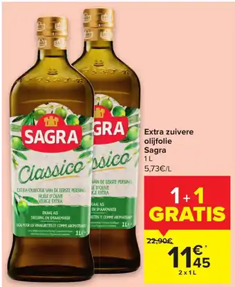 Carrefour Extra zuiverse olijfolie Sagra 1L aanbieding
