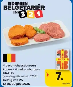 Carrefour 4 bacon-cheeseburgers kopen + 4 varkensburgers GRATIS aanbieding
