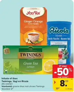 Carrefour Infusie of thee Twinings, Yogi en Ricola aanbieding