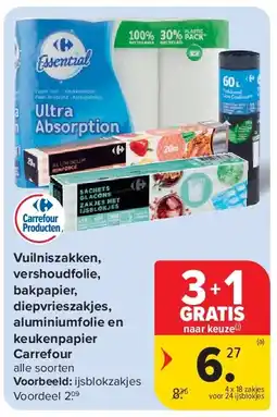 Carrefour Vuilniszakken, vershoudfolie, bakpapier, diepvrieszakjes, aluminiumfolie en keukenpapier Carrefour aanbieding