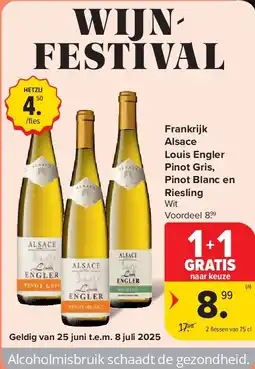 Carrefour Frankrijk Alsace Louis Engler Pinot Gris, Pinot Blanc en Riesling aanbieding