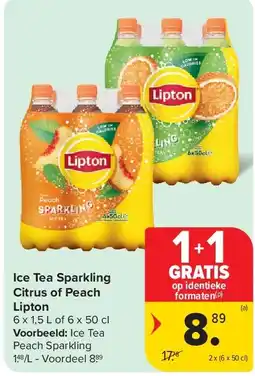 Carrefour Ice Tea Sparkling Citrus of Peach Lipton aanbieding