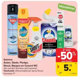 Carrefour Gamma Autan, Glade, Pledge, Shout, Baygon en Canard WC aanbieding