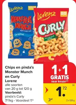 Carrefour Chips en pinda’s Monster Munch en Curly Lorenz aanbieding