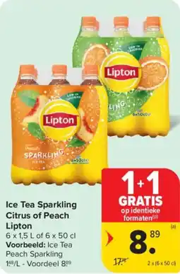 Carrefour Market Ice Tea Sparkling Citrus of Peach Lipton aanbieding
