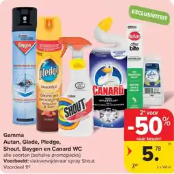 Carrefour Market Gamma Autan, Glade, Pledge, Shout, Baygon en Canard WC aanbieding