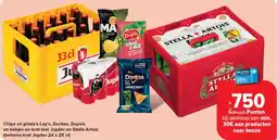 Carrefour Market Chips en pinda's Lay's, Doritos, Duyvis en blikjes en krat bier Jupiler en Stella Artois aanbieding