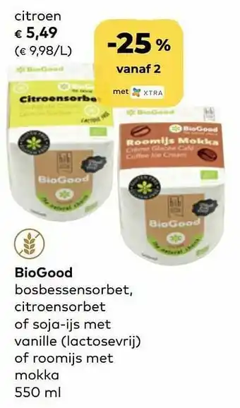 Bio Planet Biogood bosbessensorbet, citroensorbet of soja-ijs met vanille lactosevrij of roomijs met mokka citroen aanbieding