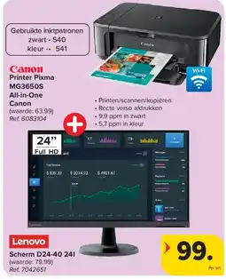 Carrefour Printer Pixma MG3650S All-in-One Canon + Scherm D24-40 24I aanbieding