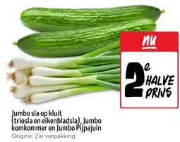 Jumbo Jumbo sla op kluit (triosla en eikenbladsla), Jumbo komkommer en Jumbo Pijpajuin aanbieding