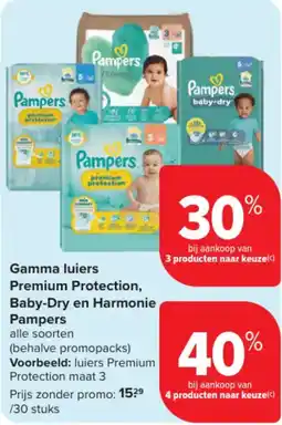 Carrefour Market Gamma luiers Premium Protection, Baby-Dry en Harmonie Pampers aanbieding
