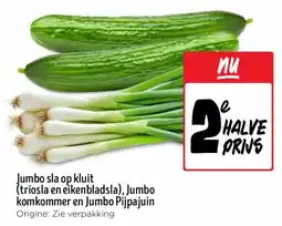 Jumbo Jumbo sla op kluit (triosla en eikenbladsla), Jumbo komkommer en Jumbo Pijpajuin aanbieding