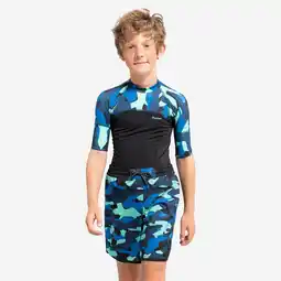 Decathlon Uv-werende rashguard met korte mouwen voor jongens 500 camo zwart blauw aanbieding