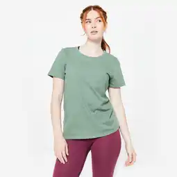 Decathlon Katoenen dames T-shirt ronde hals lauriergroen aanbieding