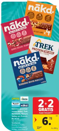 Carrefour Gamma gezonde repen Nakd, Trek, Barebells, Nature Valley en Protein Be-Kind aanbieding