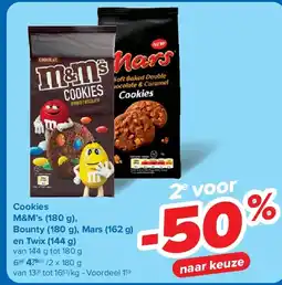 Carrefour Cookies M&M’s (180 g), Bounty (180 g), Mars (162 g) en Twix (144 g) aanbieding