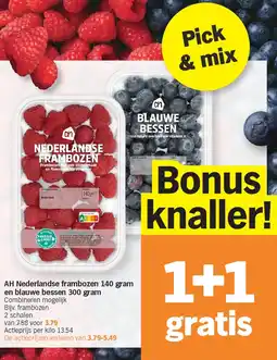 Albert Heijn AH Nederlandse frambozen 140 gram en blauwe bessen 300 gram aanbieding