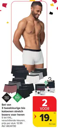 Carrefour Set van 3 tweekleurige bio katoenen stretch boxers voor heren aanbieding