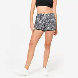 Decathlon Lichte en korte fitness short zwart met luipaardprint en zwarte strook aanbieding