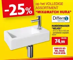 Hubo Differnz Helios handenwasser 37,5x18,5 cm met kraan wit aanbieding