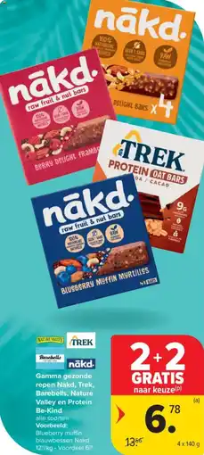 Carrefour Market Gamma gezonde repen Nakd, Trek, Barebells, Nature Valley en Protein Be Kind aanbieding