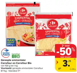 Carrefour Geraspte emmentaler Carrefour en Carrefour Bio aanbieding
