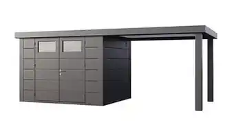 Stalen tuinhuis Eleganto 300 x 240 cm dubbele deur met open extensie rechts 280 cm + gratis drempeloprit t.w.v. € 209,00