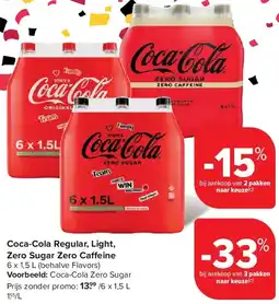 Carrefour Coca-Cola Regular, Light, Zero Sugar Zero Caffeine aanbieding