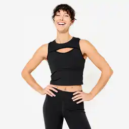 Decathlon Korte fitnesstop voor dames met opening vooraan zwart aanbieding