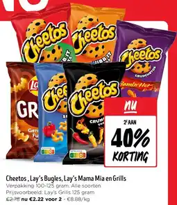 Jumbo Cheetos , Lay’s Bugles, Lay’s Mama Mia en Grills aanbieding
