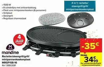 Carrefour Mandine raclette-steengrill-grill- minipannenkoekenplaat mrgp158-16 aanbieding