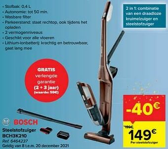 Carrefour Bosch steelstofzuiger bch3k210 aanbieding