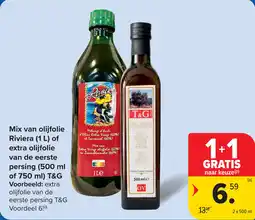 Carrefour Mix van olijfolie Riviera of extra olijfolie van de eerste persing T&G aanbieding