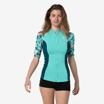 Decathlon Uv-werend zwemshirt met korte mouwen voor dames neopreen 1,5 mm turquoise bloemen aanbieding