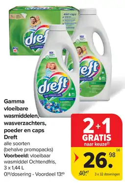 Carrefour Gamma vloeibare wasmiddelen, wasverzachters, poeder en caps Dreft aanbieding