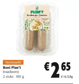 Colruyt Boni Plan't braadworst 2 stuks 180 g aanbieding