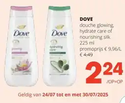 Spar DOVE douche glowing, hydrate care of nourishing silk 225 ml aanbieding