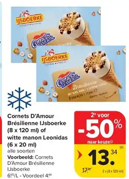 Carrefour Cornets D’Amour Brésilienne IJsboerke (8 x 120 ml) of witte manon Leonidas (6 x 20 ml) aanbieding