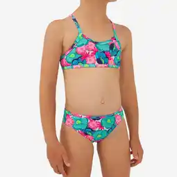 Decathlon Bikini voor surfen meisjes gekruiste bandjes bloemen turquoise aanbieding